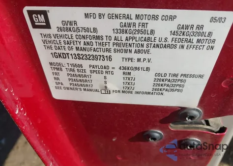 2003 GMC Envoy Slt z USA, uszkodzony, nr VIN 1GKDT13S232397316